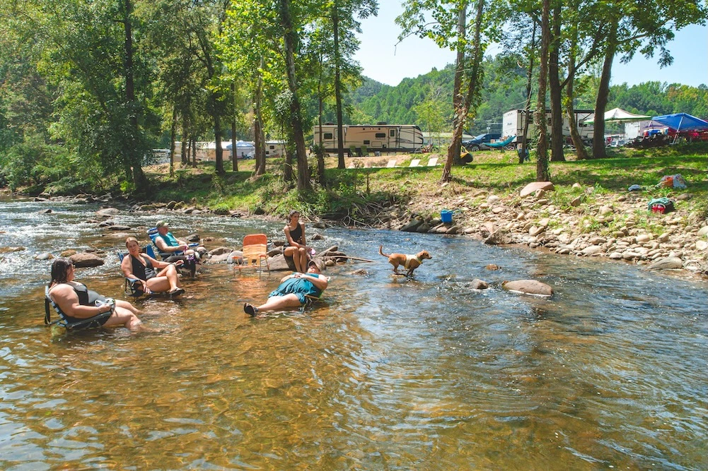 family in river